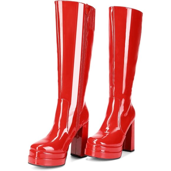 ⚡Women's Red pat Faux Leather Platform Heeled Knee High Long Chunky Tall Boot - Picture 4 of 7